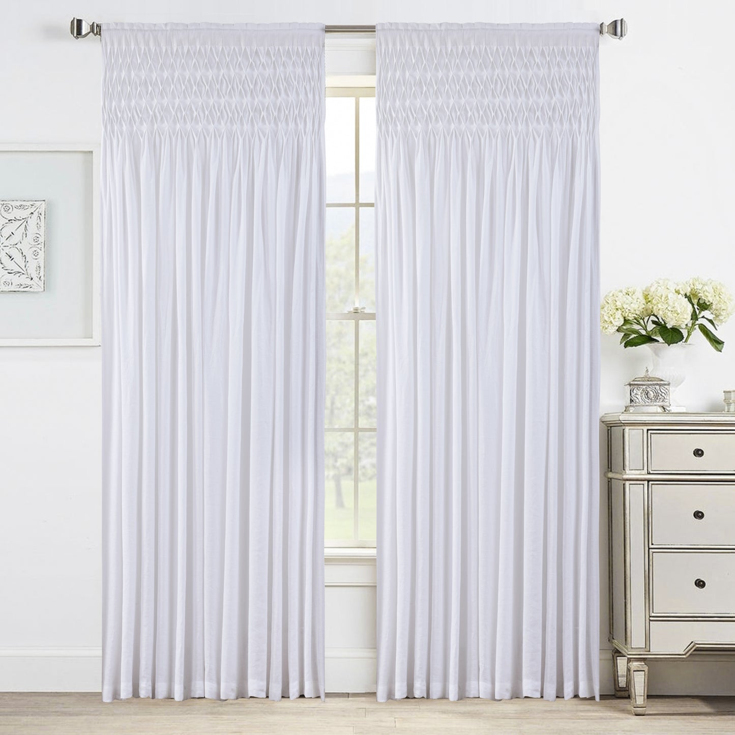 a window with white smock linen curtain curtains